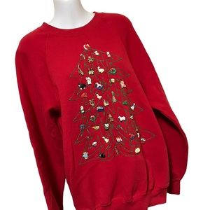 Vintage Christmas Tree Puffer Paint Embellished Lee Red Sweatshirt